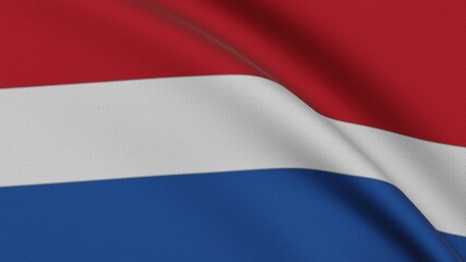 Flag of Kingdom of the Netherlands. Close-up of a flag flying in the wind. 3D rendering 