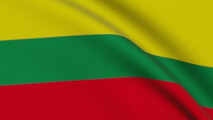 Flag of Lithuania with horizontal yellow, green and red stripes, waving in the wind
