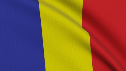 Flag of Romania. Close-up of a flag flying in the wind. 3D rendering 