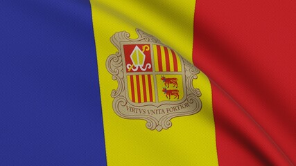 Flag of Andorra. Close-up of a flag flying in the wind. 3D rendering 