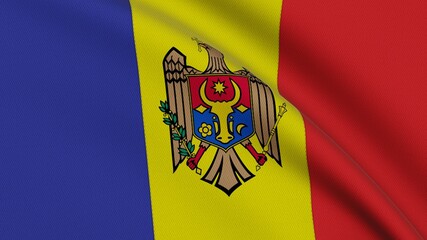 Flag of Moldova with blue, yellow and red vertical stripes and national coat of arms