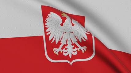 Flag of Poland. Close-up of a flag flying in the wind. 3D rendering 