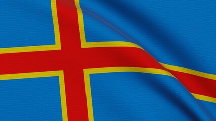 Close-up of the waving flag of Åland Islands with a red and yellow Nordic cross on a blue field