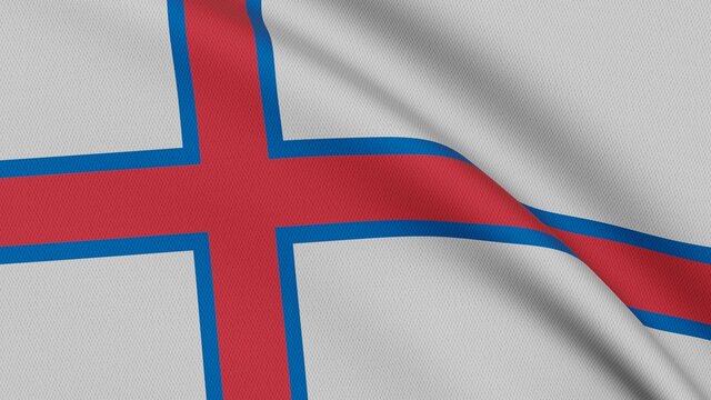 Flag of the Faroe Islands with a red Nordic cross outlined in blue on white field, waving in the wind
