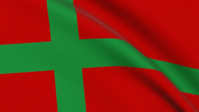 Close-up of the waving red flag with a green Nordic cross