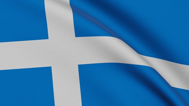 Blue flag with a white Nordic cross, close-up view of the waving fabric