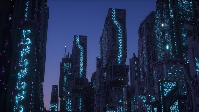 Bright neon future. Panorama of a futuristic city. Wallpaper in a cyberpunk style. 3D illustration. Huge futuristic skyscrapers glowing with neon light against the background of the night sky.