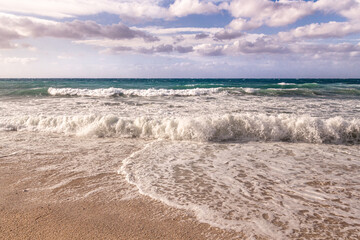 Spiaggia di capo bianco beach on a stormy day, located near Portoferraio, Isola D' Elba (Elba Island), Tuscany (Toscana), Italy	