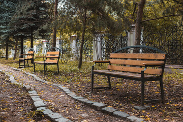 Wooden benches along a path in an autumn park.