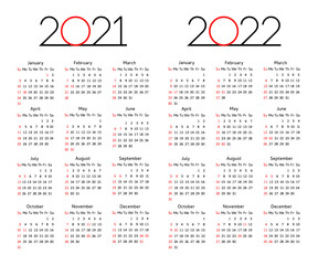 Calendar 2021 - 2022 year editable template. Week start Sunday corporate design planner template vector illustration. Calender table grid graphic concept with USA holiday