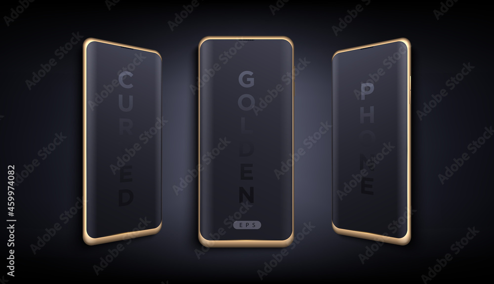 Poster modern futuristic golden thin frame waterfall screen smart phone mock up with different angles. curv
