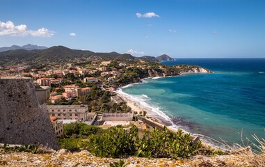 Naklejka na ściany i meble View from Portoferraio to Capo bianco beach and Capo D' Enfola, Isola D' Elba (Elba Island), Tuscany (Toscana), Italy 
