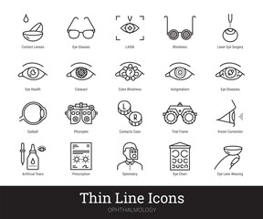 Ophthalmology, eyes health care thin line icons. Vector linear pictograms collection related to vision correction, contact lenses, glasses. Icon set isolated on white background. Editable strokes.