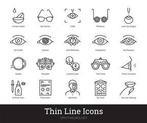 Fototapeta premium Ophthalmology, eyes health care thin line icons. Vector linear pictograms collection related to vision correction, contact lenses, glasses. Icon set isolated on white background. Editable strokes.