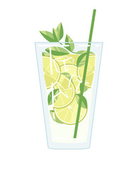 Alcoholic cocktail mojito in glass with slice of lime and mint leaves vector illustration of summer beach drink on white background