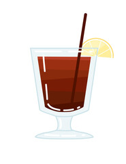 Alcoholic cocktail highball in glass with drinking straws and slice of lemon vector illustration of summer beach drink on white background