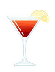 Alcoholic cocktail cosmopolitan in glass with lemon slice vector illustration of summer beach drink on white background