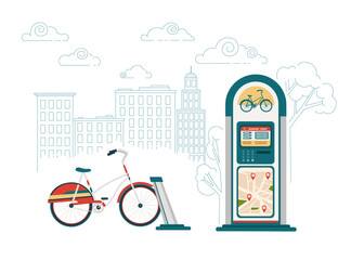 Bike rental dock station with map modern city electric bike vector illustration with city on background
