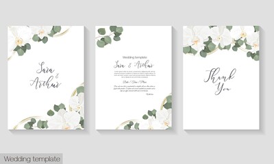 Vector floral invitation template. White orchids, green leaves, eucalyptus, round golden shapes.