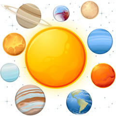 Solar system with sun and planets space objects vector illustration on white with stars background