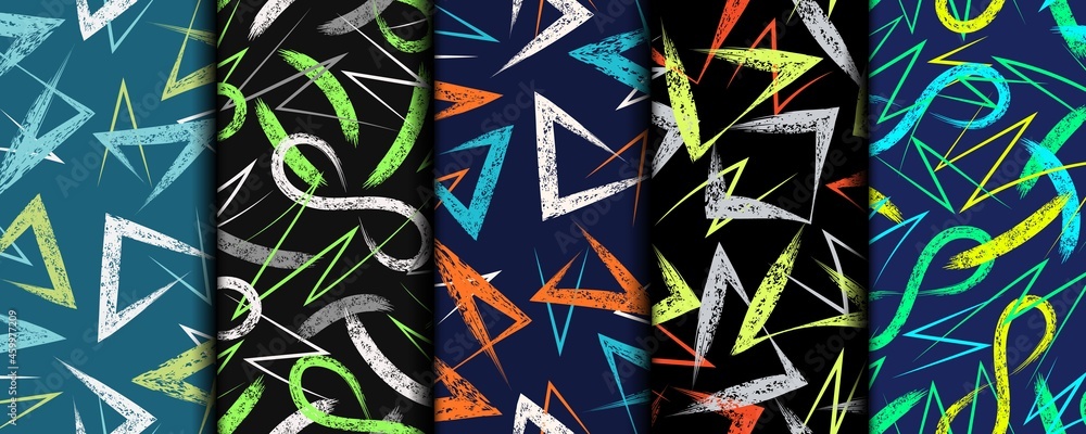 Poster set of multicolor abstract seamless patterns with grunge paint brush strokes. colorful intricate sme