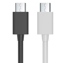 USB-C charging data cables, white and black colors. 3D rendering