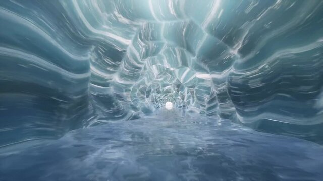 Traveling slowly through blue ice cave on deep 