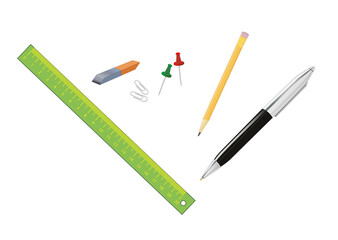 Different Objects of Stationery isolated - pen, pencil, ruler, eraser, pins, paperclips. Stationary set.