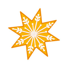 Obraz premium Christmas cookies, gingerbread with icing. Gingerbread Snowflake on white background. Sweet treat. Decoration for Christmas, New Year. Vector illustration in flat cartoon style
