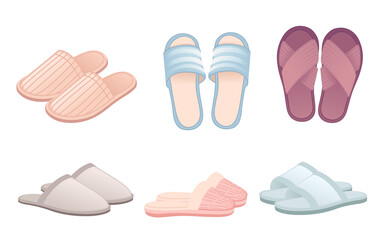 Collection of home soft slippers different colors vector illustration on white background - obrazy, fototapety, plakaty