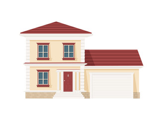 Cottage house with door windows and garage door red beige color residential building vector illustration on white background