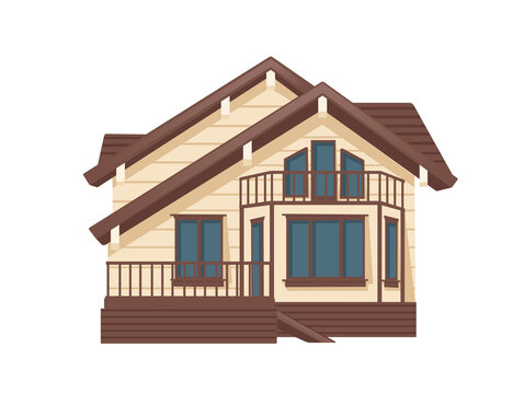 Cottage house with doors and big windows brown color residential building vector illustration on white background