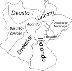 Simple white vector map with black borders and name tags of urban city districts of Bilbao, Spain