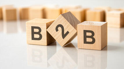 three wooden cubes with the letters B2B on the bright surface of a gray table, business concept