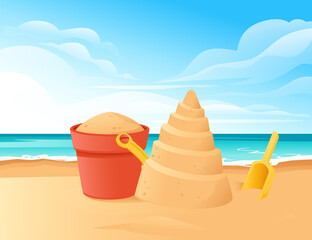 Fototapeta na wymiar Sand tower on the beach happy childhood hobby building with sand shovel and bucket vector illustration with beachside and clear sky