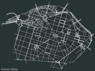 Detailed negative navigation urban street roads map on dark gray background of the quarter Abando district of the Spanish regional capital city of Bilbao, Spain