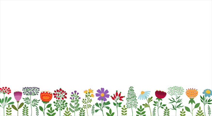 Flat cartoon flower border. Colorful floral banner. Different  flowers isolated n white background. Blooming flowers and leaves border. Spring botanical backdrop. Color wildflowers border.