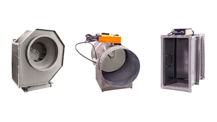 Few modern industrial fans closeup isolated on white background