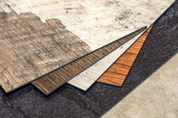 PVC vinyl floor. Samples of vinyl flooring. Collection of vinyl tiles. DIY home items