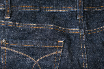 Dark blue jeans, denim back pockets close up
