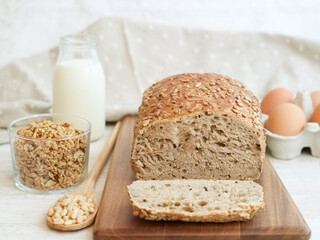A flour-less low carb bread with multi grains, nuts and cereal for a healthy and Ketogenic diet concept 