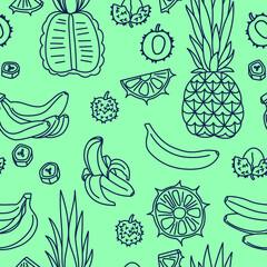 Seamless vector pattern from exotic fruits. Linear doodle illustration of banana, pineapple, lychee for decoration of wrapping paper, postcard, fabric