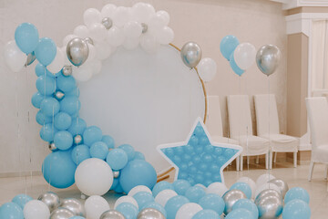Banner with blue balloons decoration.
