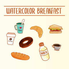Watercolor Breakfast Doodle Illustration Vector