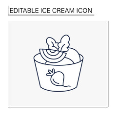 Beetroot ice cream line icon. Delicious dessert. Tasty frozen ice balls in paper bowl with sliced beetroot and parsley decoration. Vegetable sundae. Isolated vector illustration.Editable stroke