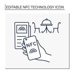 NFC technology line icon. Cashless payment in cafe. Fast paying for dinner. Banking terminal. Contactless payment concept. Isolated vector illustration. Editable stroke