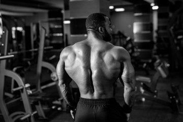Fototapeta na wymiar Fit young man doing workout at a gym. Sport, fitness, weightlifting, bodybuilding, training, athlete, workout exercises concept. View from the back