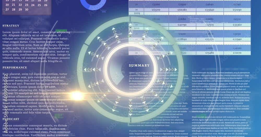 Poster animation of processing circle and moving light on scientific graph and data