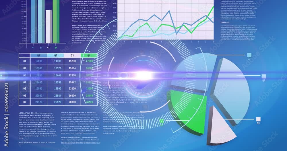 Poster animation of light moving over processing circle on scientific graph and data