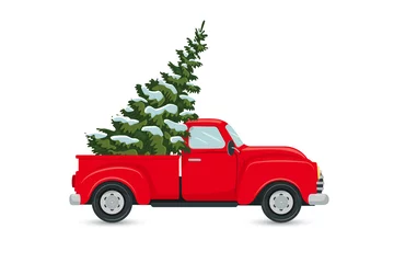 Zelfklevend Fotobehang Red truck carrying a Сhristmas tree, isolated clip art on white background, vector illustration in flat cartoon style, postcard, banner © Hanna